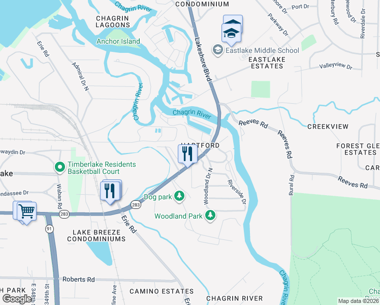 map of restaurants, bars, coffee shops, grocery stores, and more near 35783 Lakeshore Boulevard in Eastlake