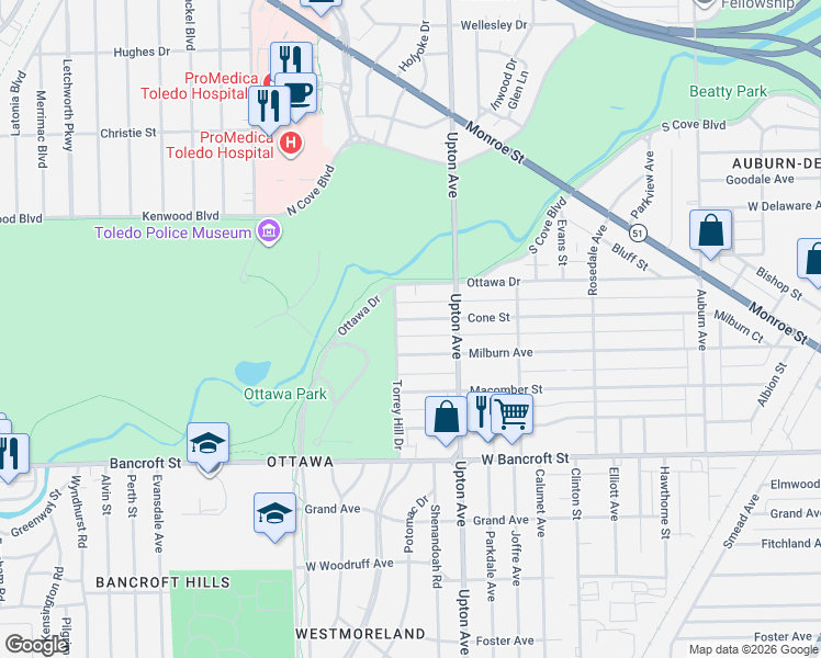 map of restaurants, bars, coffee shops, grocery stores, and more near 1947 Cone Street in Toledo