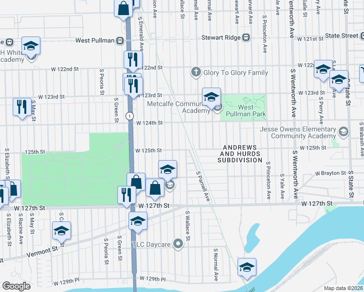 map of restaurants, bars, coffee shops, grocery stores, and more near 12459 South Lowe Avenue in Chicago