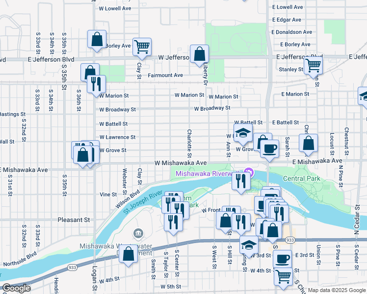 map of restaurants, bars, coffee shops, grocery stores, and more near 512 West Grove Street in Mishawaka