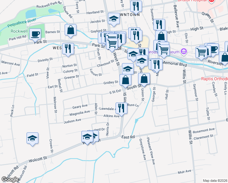 map of restaurants, bars, coffee shops, grocery stores, and more near 45 South Street Extension in Bristol