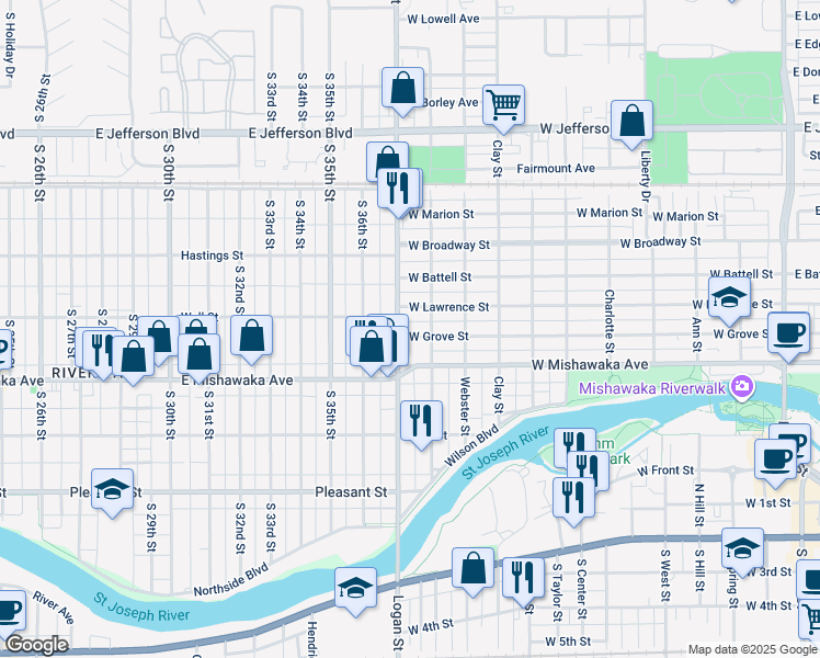 map of restaurants, bars, coffee shops, grocery stores, and more near 1016 West Grove Street in Mishawaka
