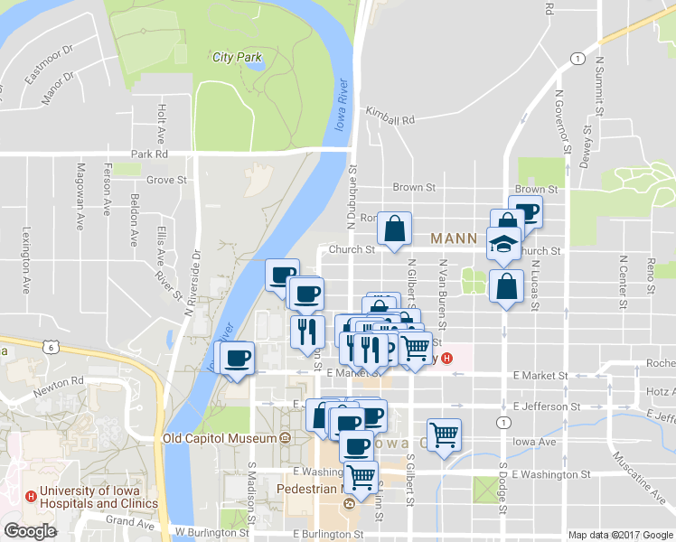 map of restaurants, bars, coffee shops, grocery stores, and more near 120 Fairchild Street in Iowa City