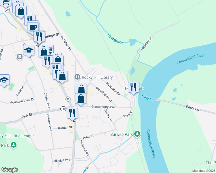 map of restaurants, bars, coffee shops, grocery stores, and more near 14 Washington Street in Rocky Hill