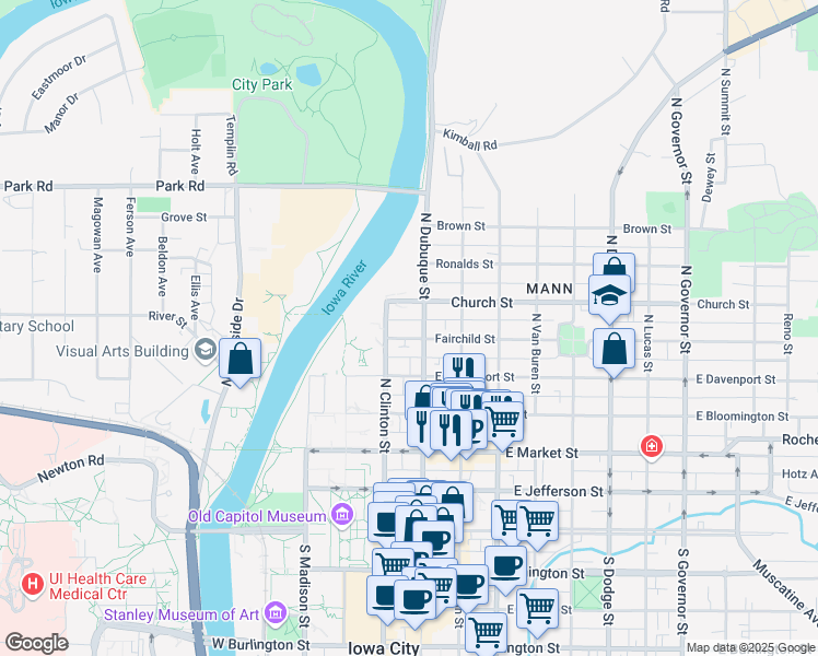 map of restaurants, bars, coffee shops, grocery stores, and more near 120 Fairchild Street in Iowa City