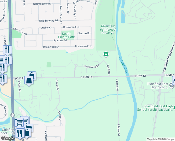 map of restaurants, bars, coffee shops, grocery stores, and more near 23606 West 119th Street in Plainfield