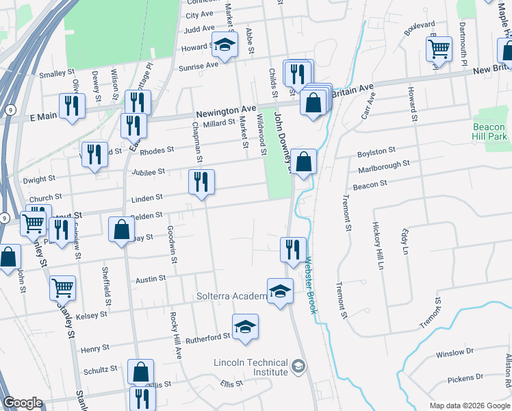 map of restaurants, bars, coffee shops, grocery stores, and more near 231 Belden Street in New Britain