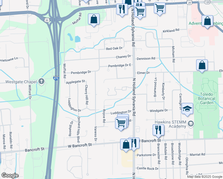 map of restaurants, bars, coffee shops, grocery stores, and more near 2500 Royce Road in Toledo