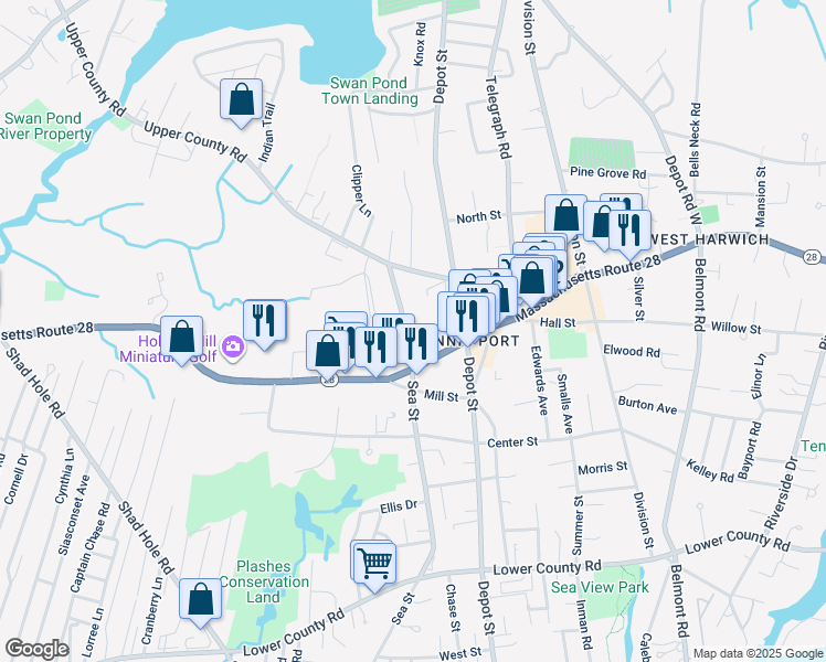 map of restaurants, bars, coffee shops, grocery stores, and more near 294 Sea Street in Dennis