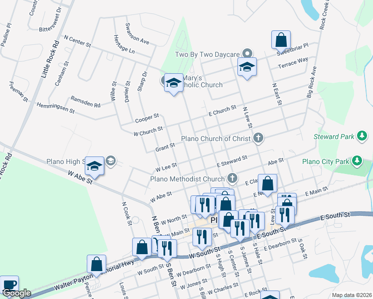 map of restaurants, bars, coffee shops, grocery stores, and more near 517 North Hugh Street in Plano
