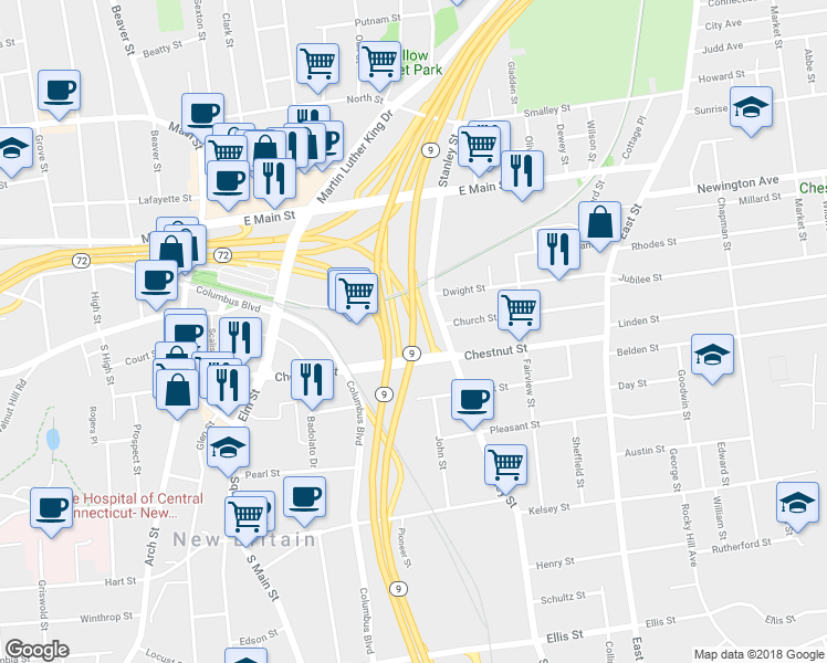 map of restaurants, bars, coffee shops, grocery stores, and more near Highway 9 in New Britain