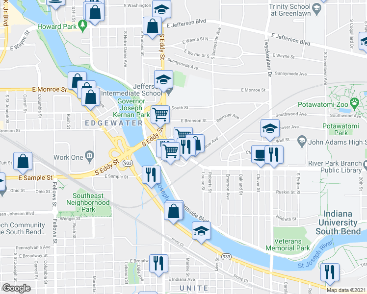 map of restaurants, bars, coffee shops, grocery stores, and more near 1169-1199 W Mishawaka Ave in South Bend