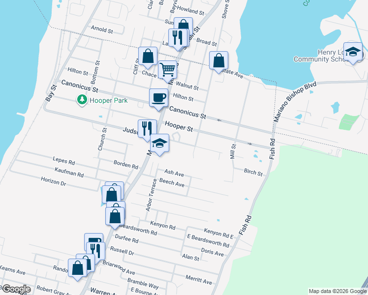 map of restaurants, bars, coffee shops, grocery stores, and more near 343 Judson Street in Tiverton