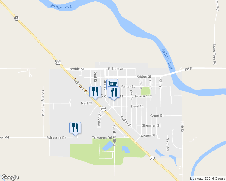 map of restaurants, bars, coffee shops, grocery stores, and more near 521 Main Street in Scribner
