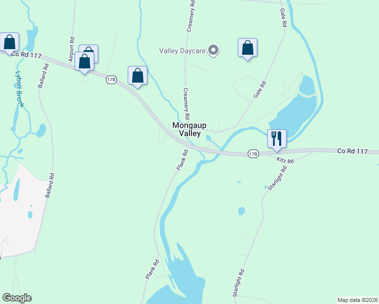 map of restaurants, bars, coffee shops, grocery stores, and more near 5 Plank Road in Mongaup Valley