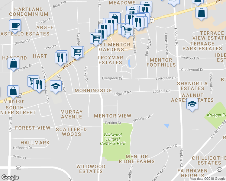map of restaurants, bars, coffee shops, grocery stores, and more near 8791 Edgehill Road in Mentor