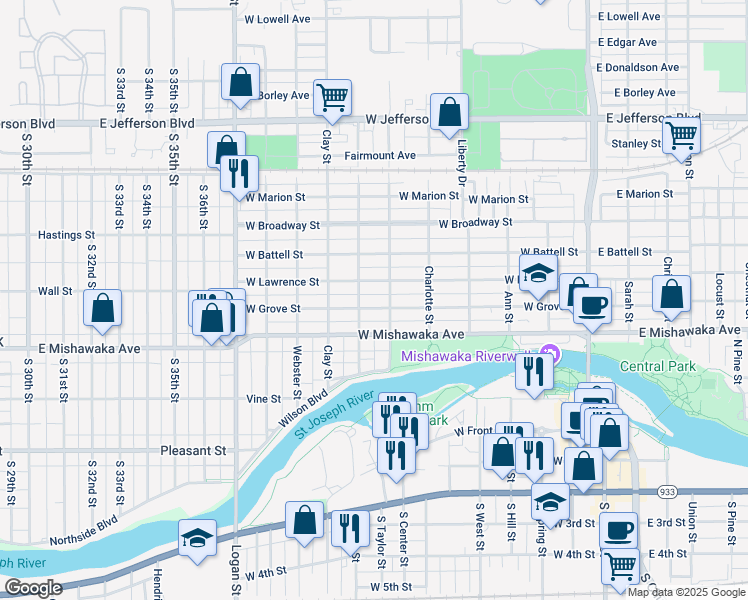 map of restaurants, bars, coffee shops, grocery stores, and more near 601 West Grove Street in Mishawaka