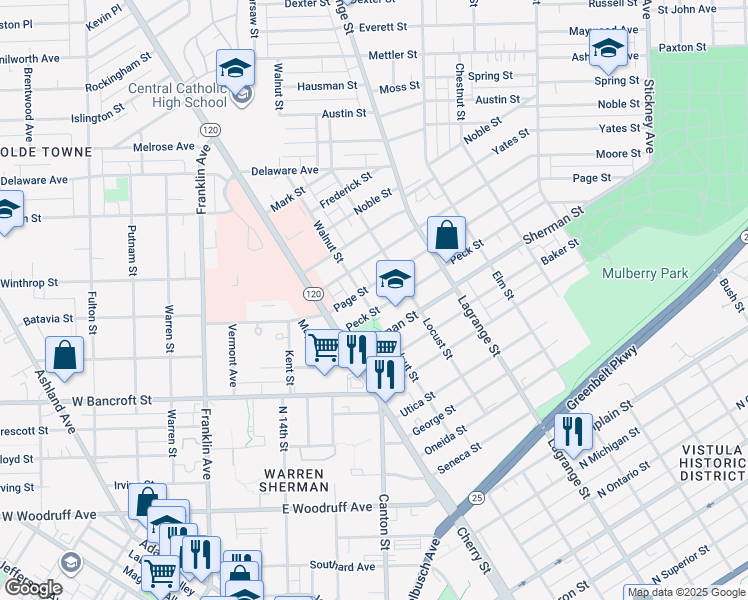 map of restaurants, bars, coffee shops, grocery stores, and more near 1902 Walnut Street in Toledo