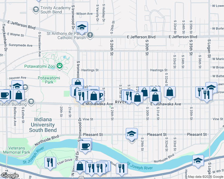 map of restaurants, bars, coffee shops, grocery stores, and more near 815 South 26th Street in South Bend