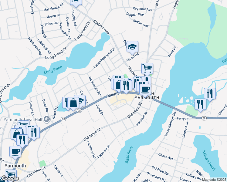 map of restaurants, bars, coffee shops, grocery stores, and more near 1292 Massachusetts 28 in Yarmouth
