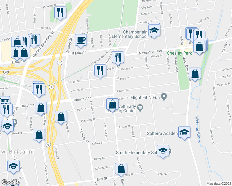 map of restaurants, bars, coffee shops, grocery stores, and more near 519 East Street in New Britain