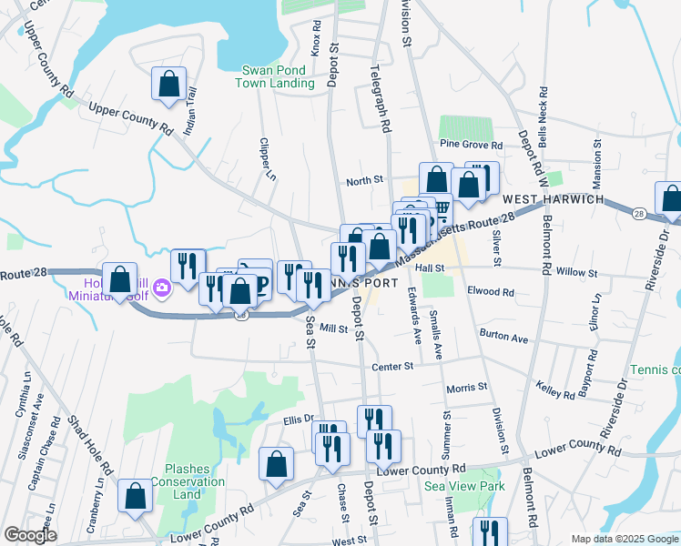map of restaurants, bars, coffee shops, grocery stores, and more near in Dennis