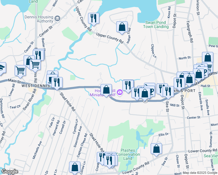 map of restaurants, bars, coffee shops, grocery stores, and more near 282 Main Street in Dennis