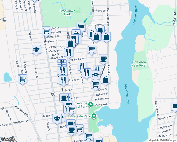 map of restaurants, bars, coffee shops, grocery stores, and more near 82 Nash Road in New Bedford