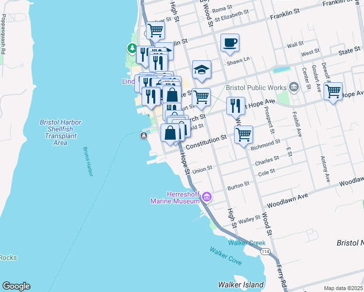 map of restaurants, bars, coffee shops, grocery stores, and more near 265 Hope Street in Bristol