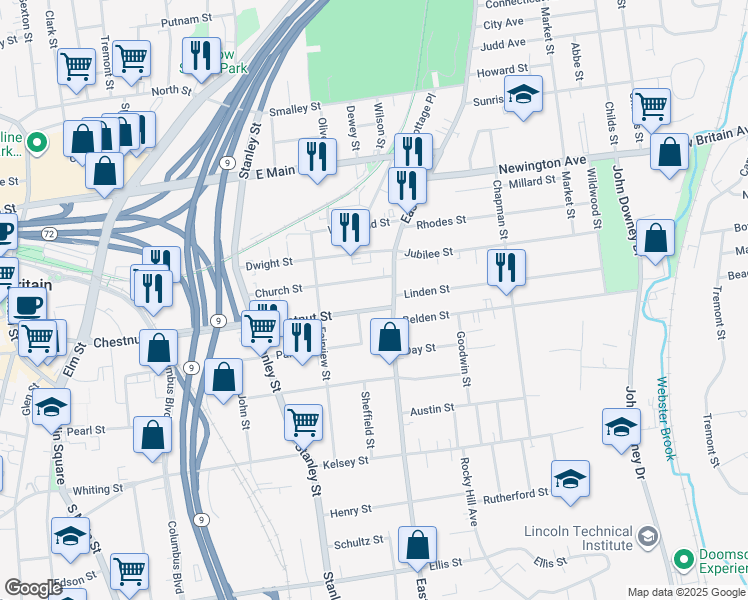 map of restaurants, bars, coffee shops, grocery stores, and more near 424 Chestnut Street in New Britain