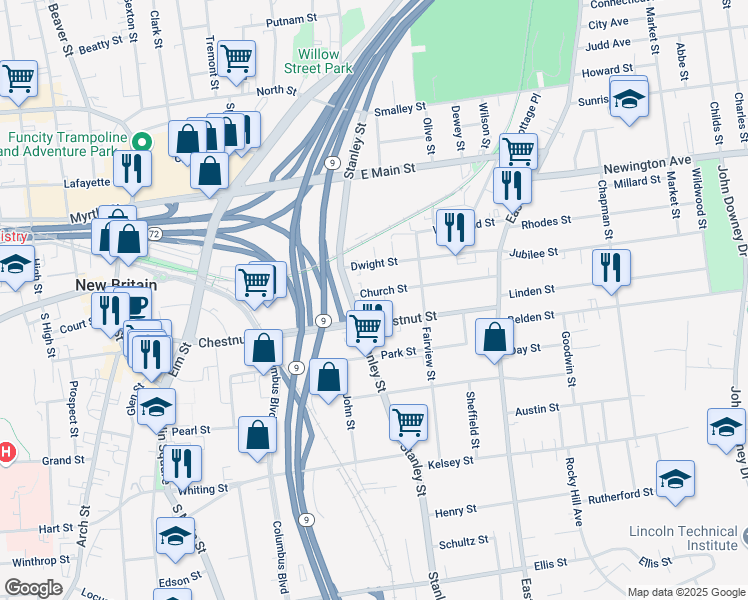 map of restaurants, bars, coffee shops, grocery stores, and more near 699 Stanley Street in New Britain