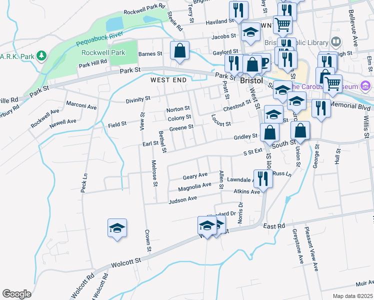 map of restaurants, bars, coffee shops, grocery stores, and more near 203 Gridley Street in Bristol