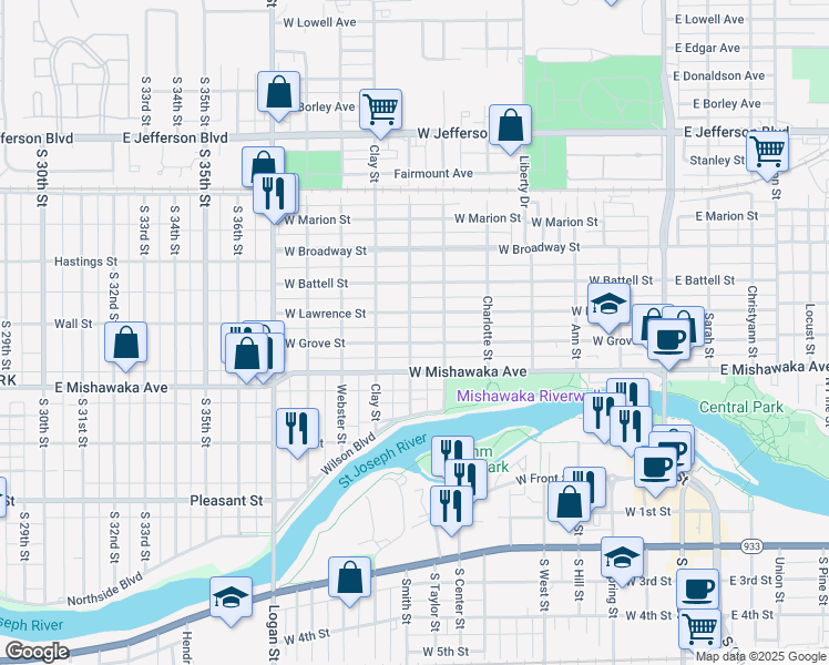 map of restaurants, bars, coffee shops, grocery stores, and more near 706 West Grove Street in Mishawaka