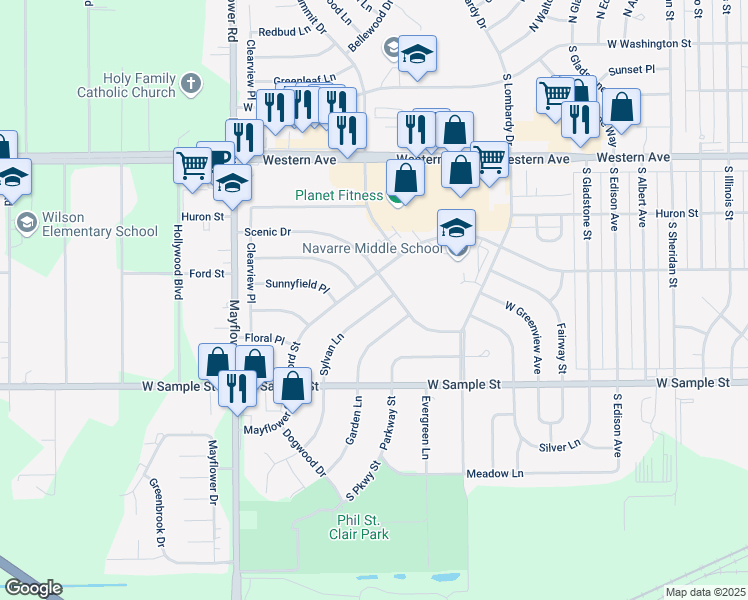 map of restaurants, bars, coffee shops, grocery stores, and more near 726 Sylvan Lane in South Bend