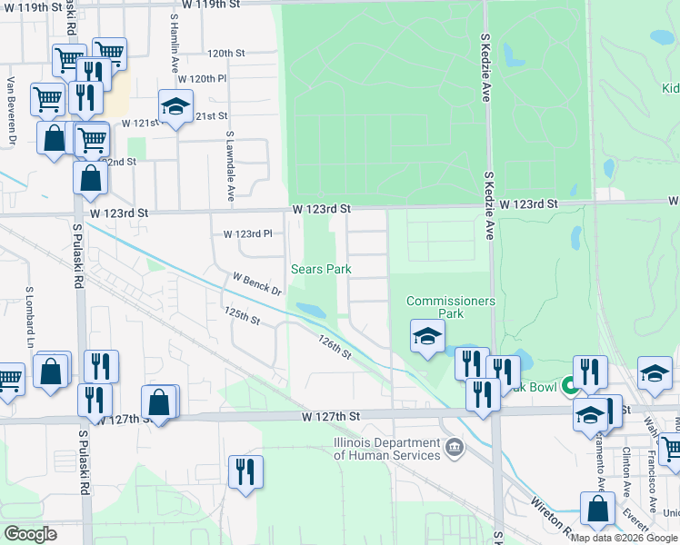 map of restaurants, bars, coffee shops, grocery stores, and more near 3433 West 124th Place in Chicago