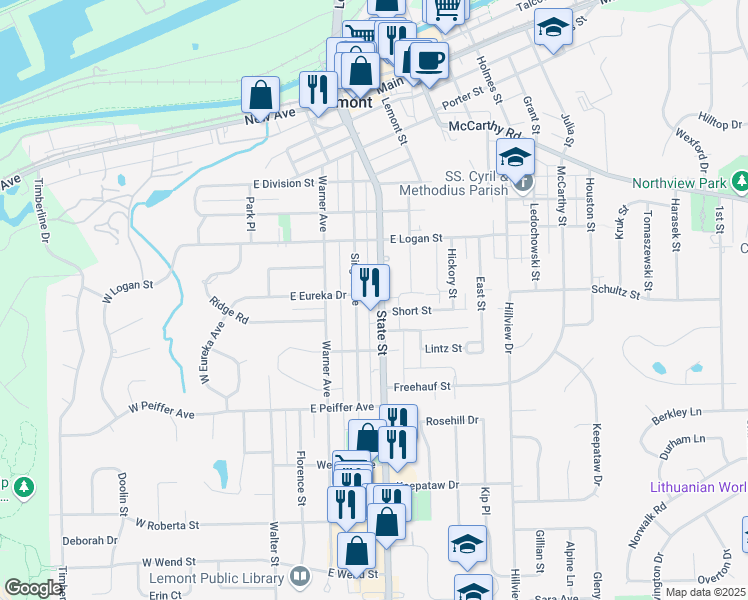 map of restaurants, bars, coffee shops, grocery stores, and more near 808 State Street in Lemont