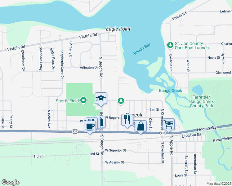 map of restaurants, bars, coffee shops, grocery stores, and more near 405 North Lamport Street in Osceola