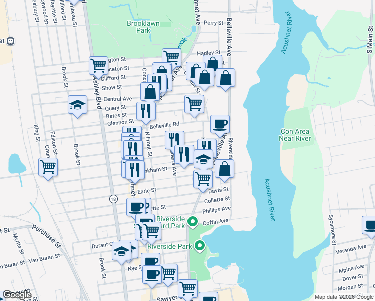 map of restaurants, bars, coffee shops, grocery stores, and more near 82 Nash Road in New Bedford