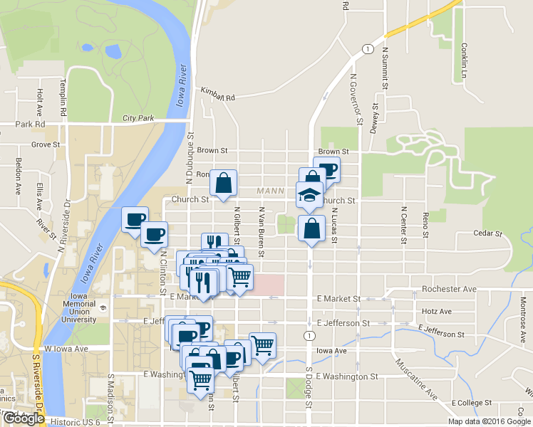map of restaurants, bars, coffee shops, grocery stores, and more near 512 N Van Buren St in Iowa City