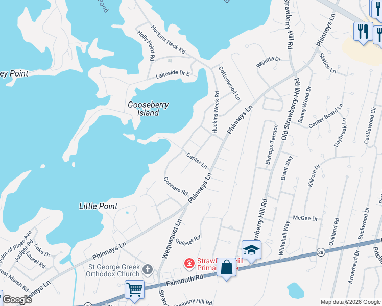 map of restaurants, bars, coffee shops, grocery stores, and more near 36 Center Lane in Barnstable