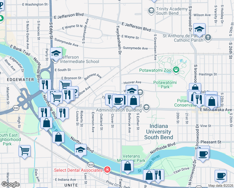 map of restaurants, bars, coffee shops, grocery stores, and more near 1441 Chester Street in South Bend