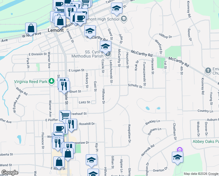 map of restaurants, bars, coffee shops, grocery stores, and more near 809 Hillview Drive in Lemont