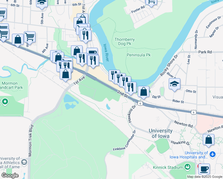 map of restaurants, bars, coffee shops, grocery stores, and more near Lower Finkbine Trail in Iowa City