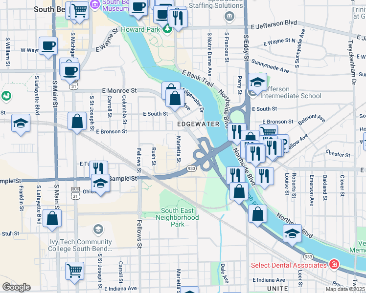 map of restaurants, bars, coffee shops, grocery stores, and more near 814 Marietta Street in South Bend