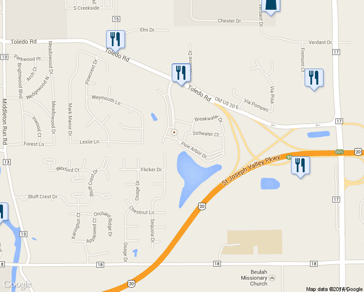 map of restaurants, bars, coffee shops, grocery stores, and more near 57012 Sequoia Drive in Goshen