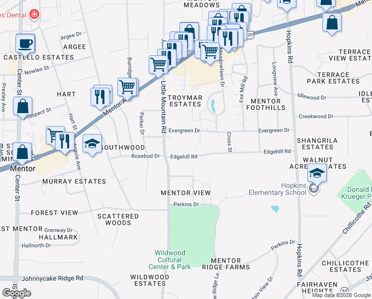 map of restaurants, bars, coffee shops, grocery stores, and more near 8791 Edgehill Road in Mentor