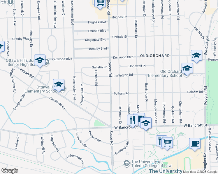 map of restaurants, bars, coffee shops, grocery stores, and more near 3303 Kirkwall Road in Toledo