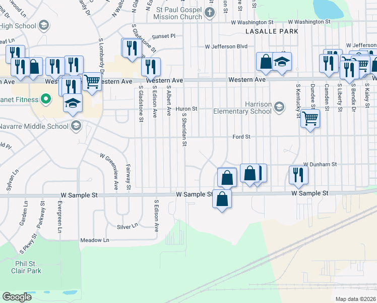 map of restaurants, bars, coffee shops, grocery stores, and more near 728 South Sheridan Street in South Bend