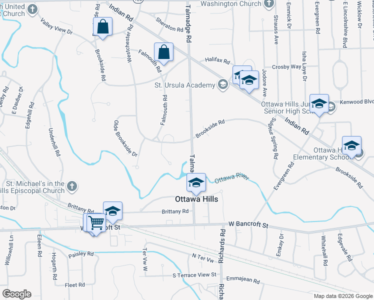 map of restaurants, bars, coffee shops, grocery stores, and more near 4331 Brookside Road in Toledo
