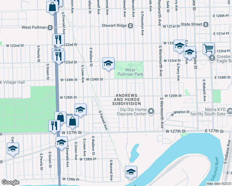 map of restaurants, bars, coffee shops, grocery stores, and more near 12446 South Eggleston Avenue in Chicago
